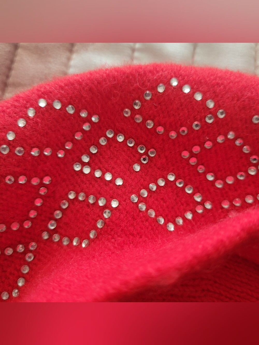 Women's Classic Wool Beret in Bright Red with Diamond Shaped Accents